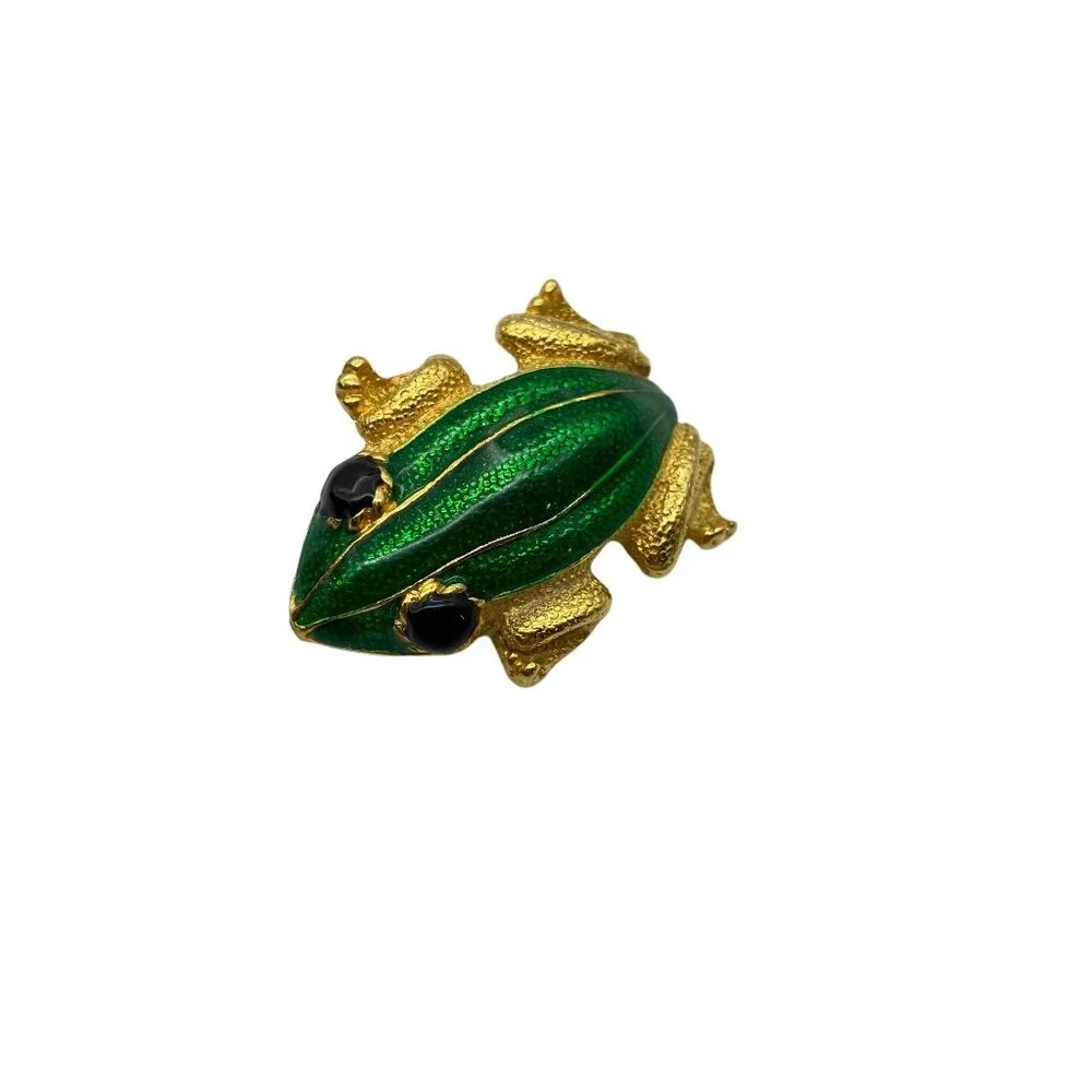 Frog brooch lapel pin green enamel gold tone black eyes unmarked reptile amphibi